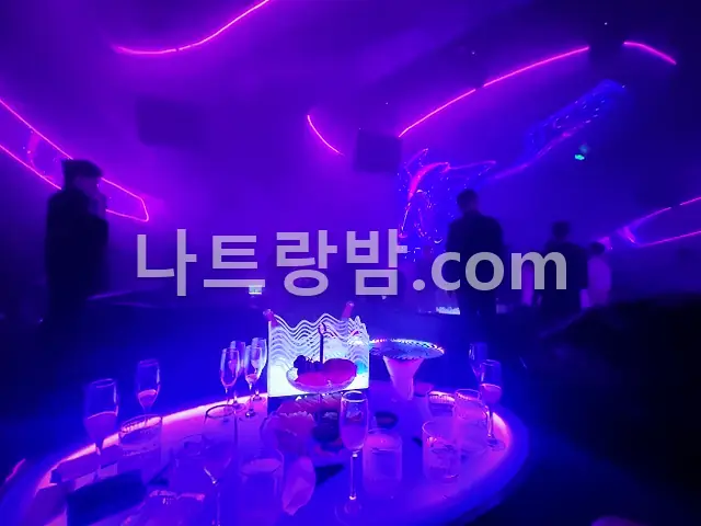 보라색 네온이 천장을 훑는 알파클럽 홀 중앙의 원형 테이블과 얼음통
