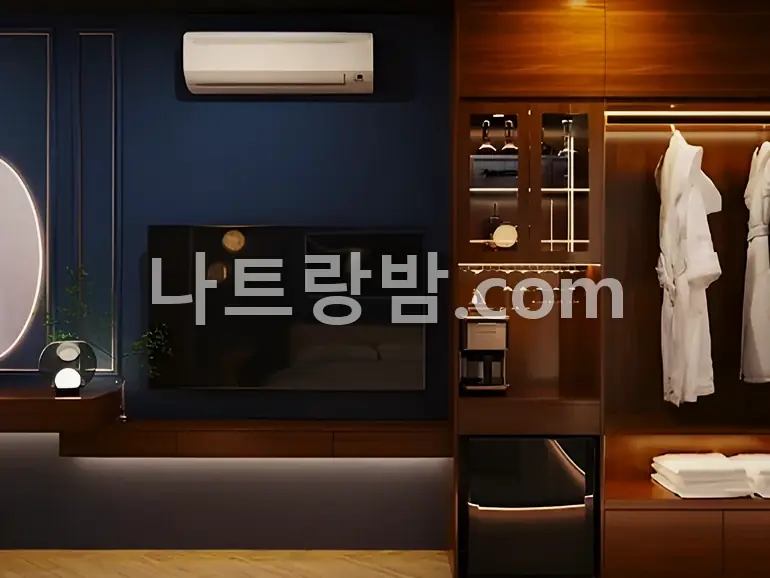 가운 두 벌을 건 목재 옷장과 미니바, 조명 거울을 둔 두바이 마사지 관리실