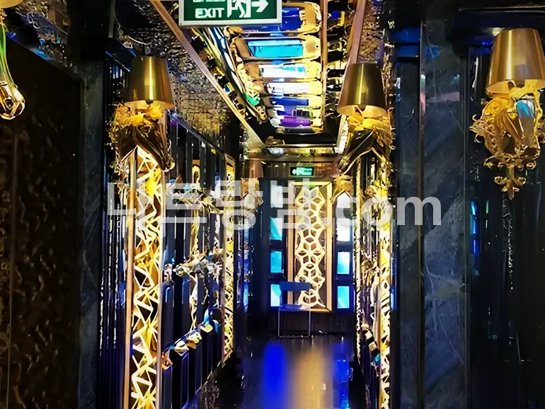 금색 장식 벽이 이어지는 킹덤 가라오케 내부 복도