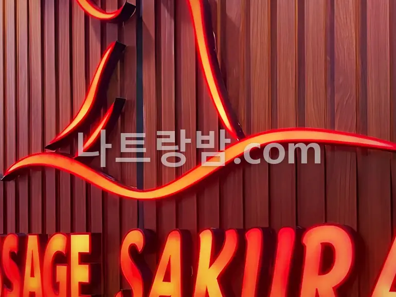 붉은 네온으로 상호를 그린 사쿠라 마사지의 간판 근접