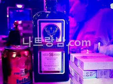 분홍 조명 아래 허브리큐어와 에너지드링크를 올린 T라운지 바 테이블