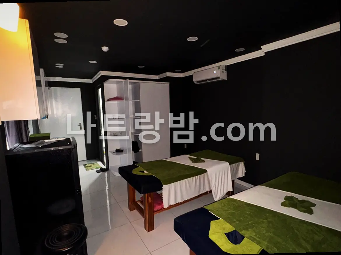 검은 벽면 아래 관리 베드 두 대와 유리 샤워부스를 함께 둔 비타민스파 객실